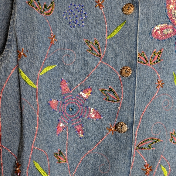 Vintage 90s Tantrum Blues Beaded Sequined Floral denim jacket Medium Relaxed fit - Picture 4 of 9